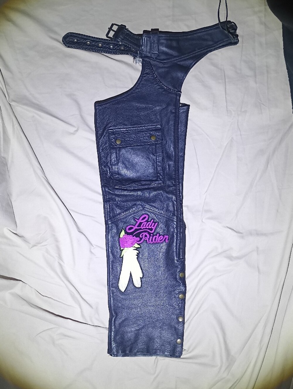 XS Black Leather Motorcycle Chaps With Sewn On Patches